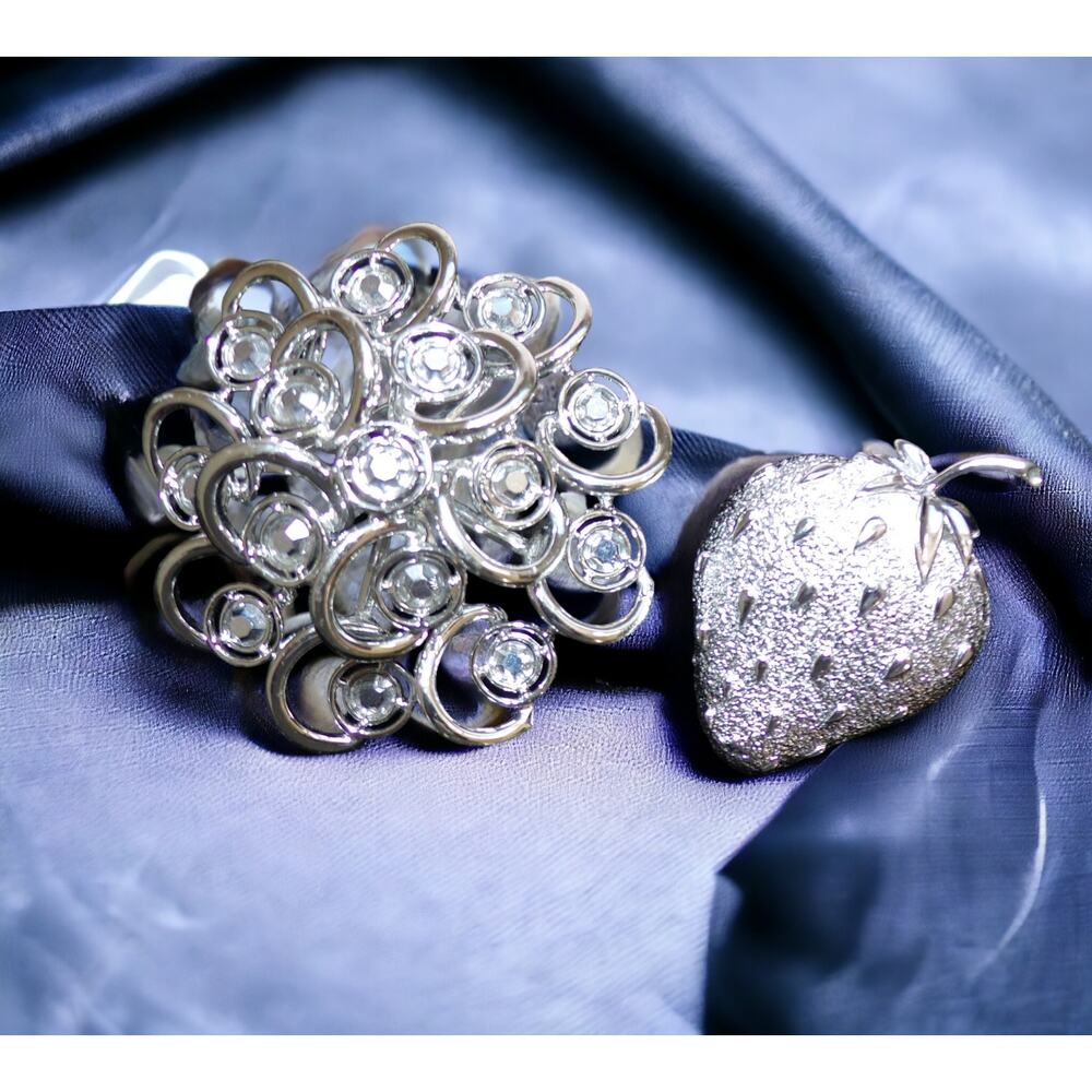 2 Vintage Sarah Coventry Brooches Layered Rhinestone & Strawberry